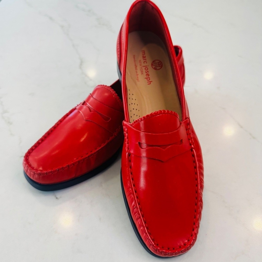 Marc Joseph New York Women 8 Red Leather Penny Loafers Handcrafted Brazil Preppy